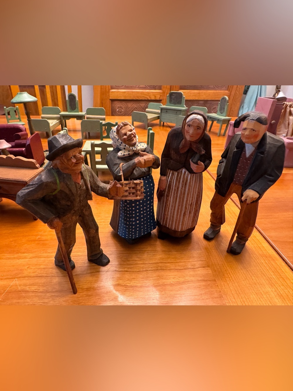 Antique Scandinavian Hand-Carved Wooden Village Figurine Set- Early 1900’s